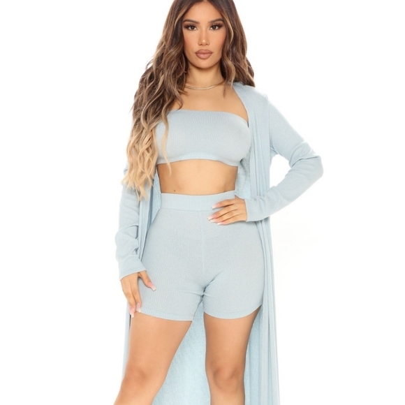 Fashion Nova Talk Later Light Blue 3 Piece Shorts Set - Picture 3 of 12